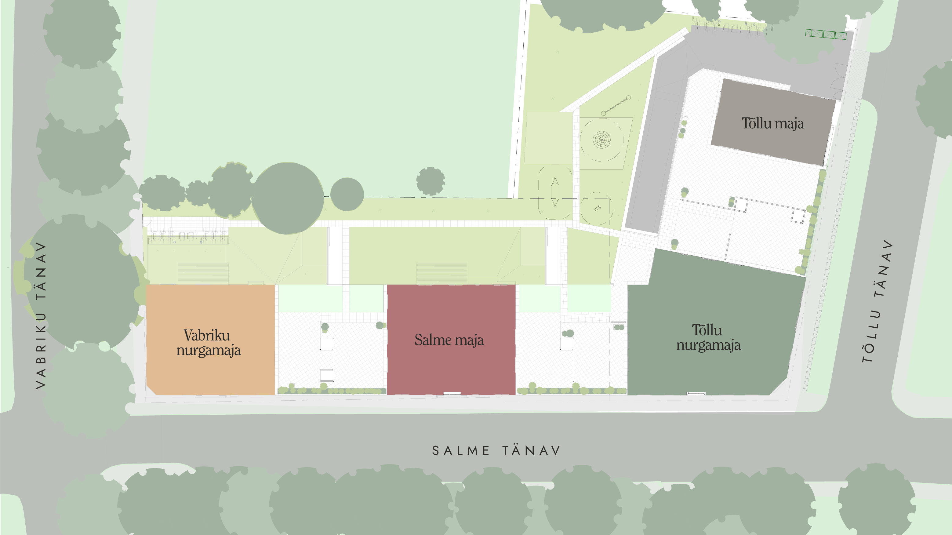 Asendiplaan: neli maja Salme tänava ääres, Vabriku ja Tõllu tänava vahel